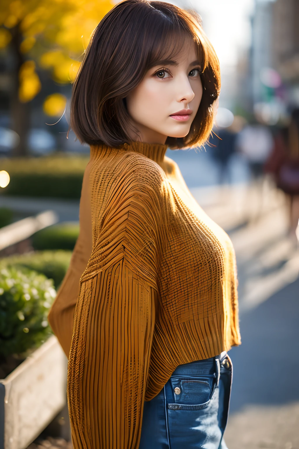 ((top-quality、in 8K、masterpiece:1.3))、foco nítido:1.2、Beautiful woman perfect body:1.4、Slim abs:1.2、((Bob Heyer、straight haired:1.2))、(Dark Orange Knitwear、denim:1.1)、(Sateen、a street:1.2)、wetbody:1.5、Three-dimensional texture、A detailed eye、Brown hair、Very shiny hair、posterior view、Hair quality improvement