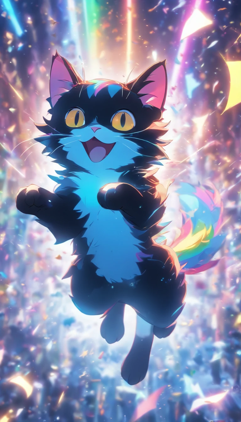 Cartoon Tuxedo Cat, Floating in mid-air, Rainbow Back, high detailing, Cinematic lighting, Motion Blur, color difference, hyper HD, masutepiece, Super Detail, high details, High quality, awardwinning, Best Quality, hight resolution