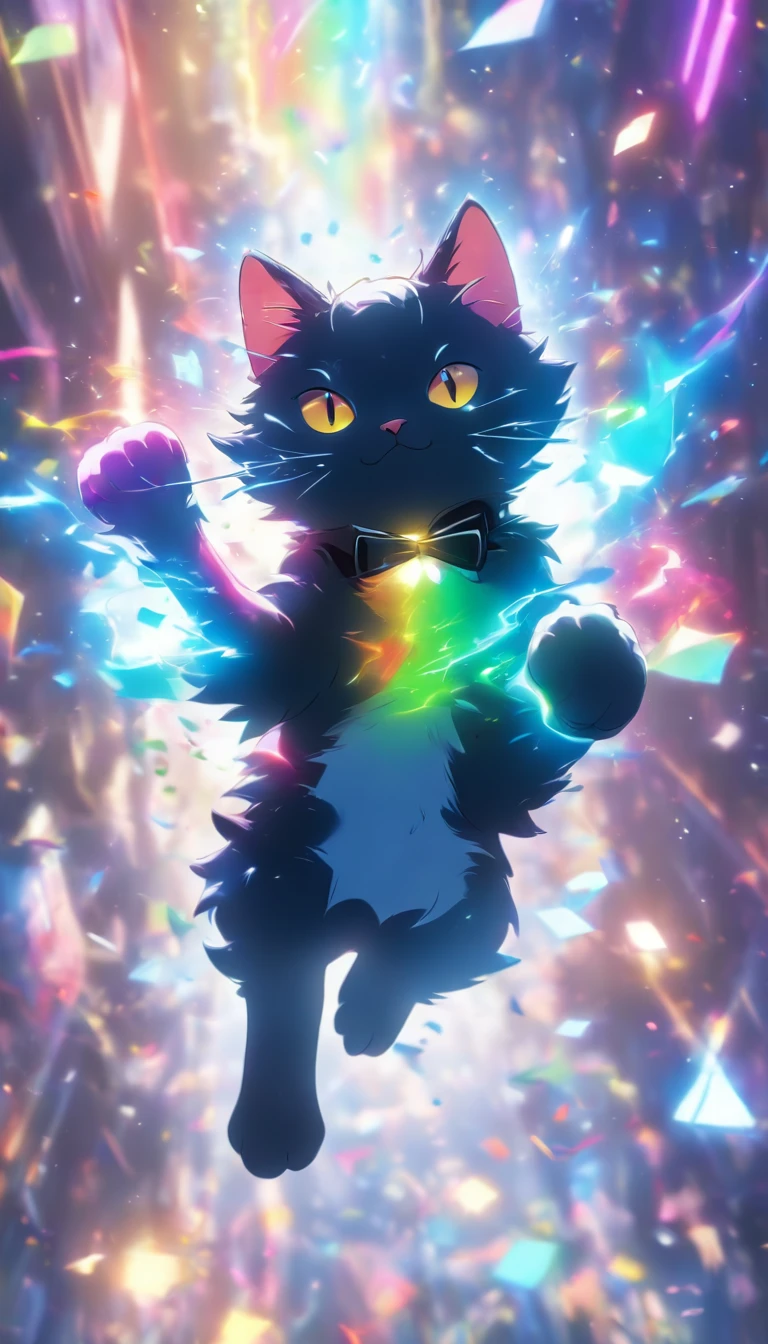 Cartoon Tuxedo Cat, Floating in mid-air, Rainbow Back, high detailing, Cinematic lighting, Motion Blur, color difference, hyper HD, masutepiece, Super Detail, high details, High quality, awardwinning, Best Quality, hight resolution