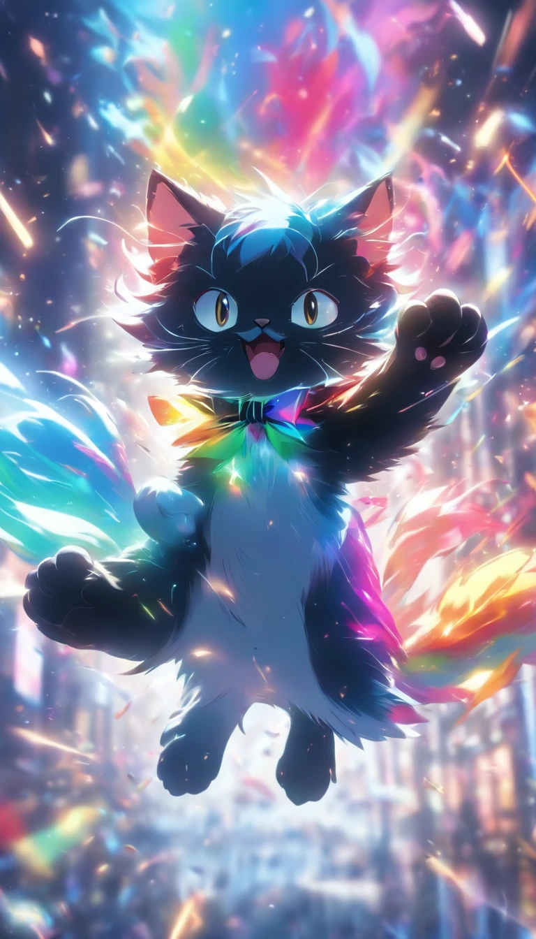 Cartoon Tuxedo Cat, Floating in mid-air, Rainbow Back, high detailing, Cinematic lighting, Motion Blur, color difference, hyper HD, masutepiece, Super Detail, high details, High quality, awardwinning, Best Quality, hight resolution