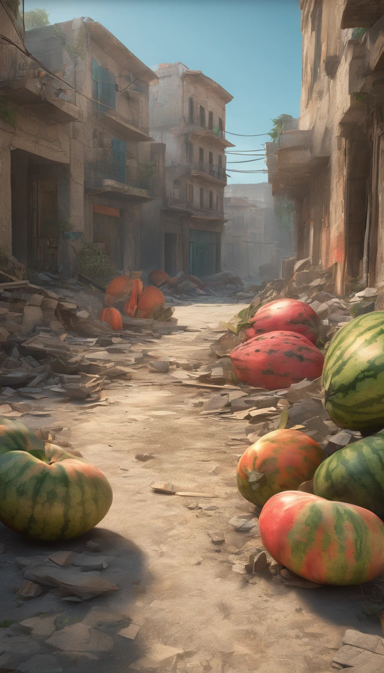 (best quality,4k,8k,highres,masterpiece:1.2),ultra-detailed,(realistic,photorealistic,photo-realistic:1.37),destroyed abandoned city in palestine,wildly overgrown,debris everywhere,lonely buildings in ruins,deserted streets with cracked asphalt,remnants of broken windows and crumbling facades,severe destruction,charred remains,dusty air settles on the rubble,children huddled together with somber expressions,holding a large watermelon with evident joy and hope,weathered cracks on the watermelon's vibrant green skin,scattered sunlight casting long shadows,touches of orange and yellow in the distant horizon,stark contrast between desolation and the vibrant fruit,war-torn landscape etched with stories of resilience and survival,hauntingly beautiful,poignant moment frozen in time.