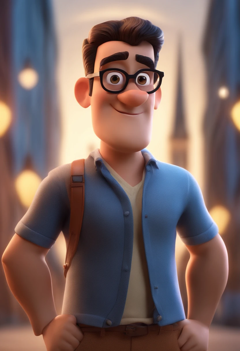 Cartoon character of a man with black glasses and a blue shirt, animation character, Caractere estilizado, animation style rendering, 3D estilizado, Arnold Maya render, 3 d render stylized, toon render keyshot, Personagem 3D, Personagem 3D, 3d rendering stylized, 3 d character render, personagem de desenho animado, Personagem de close up, Pose de personagem,  (Estilo Pixar) (master part:1.2) (Bokeh) (best quality) (pele detalhada) (textura detalhada) (8k) (argila) (Cinematic lighting) (foco nítido