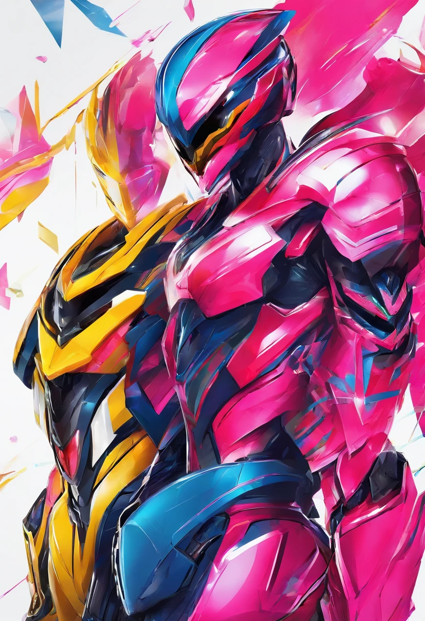 Create an epic image, 4k, 8k, com quatro Power Rangers (Vermelho, azul, rosa e amarela) In a fantastic universe.