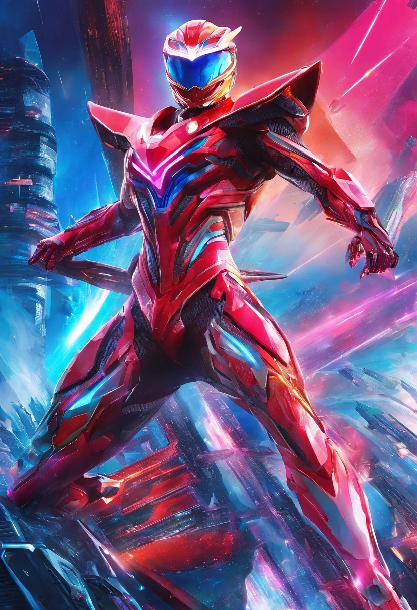 Create an epic image, 4k, 8k, com quatro Power Rangers (Vermelho, azul, rosa e amarela) In a fantastic universe.