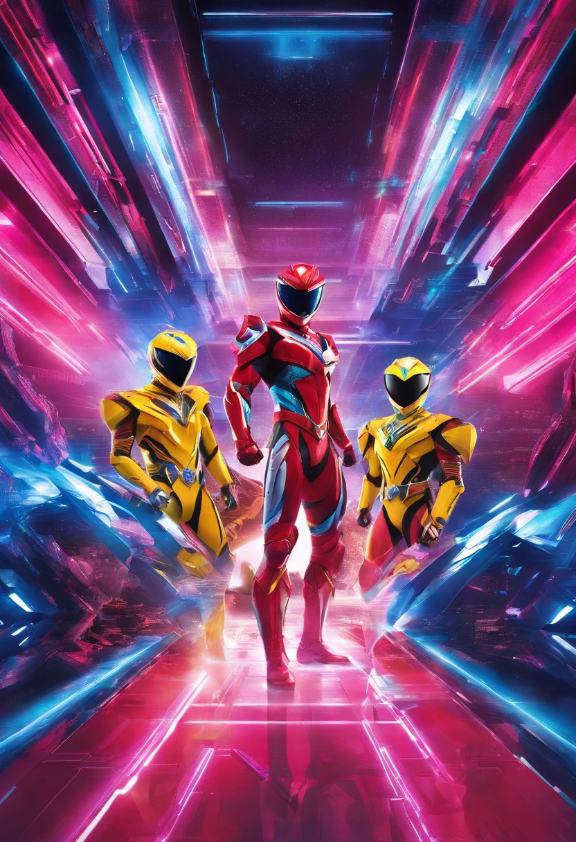 Create an epic image, 4k, 8k, com quatro Power Rangers (Vermelho, azul, rosa e amarela) In a fantastic universe.