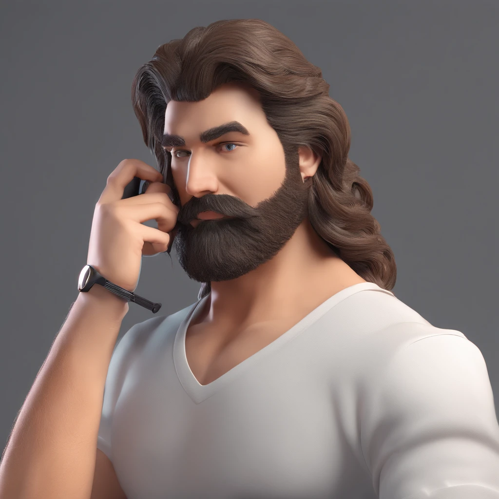 Homem de cabelo preto, barba e bigode preto curto, without glasses, trabalhando no computador, with three screens and with an expression of despair.