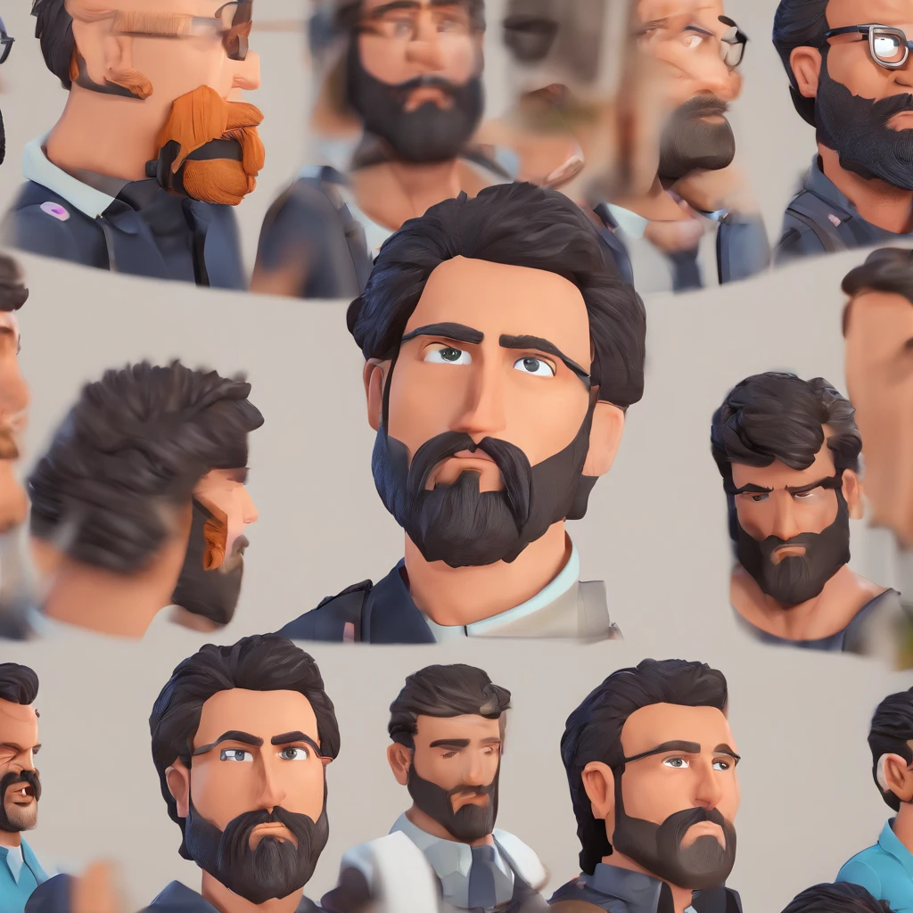Homem de cabelo preto, barba e bigode preto curto, without glasses, trabalhando no computador, with three screens and with an expression of despair.