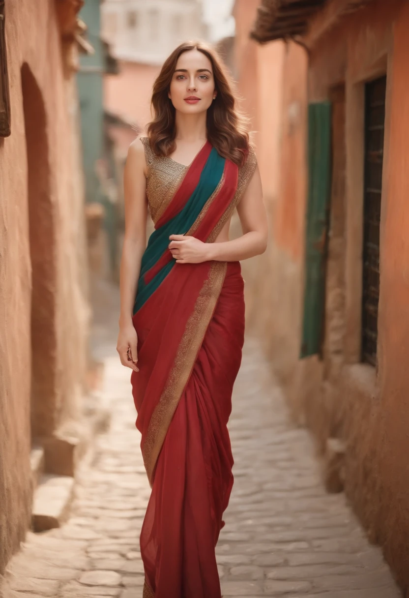 high quality, Similar to Dakota Johnson, Illustration of a beautiful woman in the style of Julie Bell walking through an old town wearing a sari, Nepalese cityscape, by yukisakura, awesome full color,