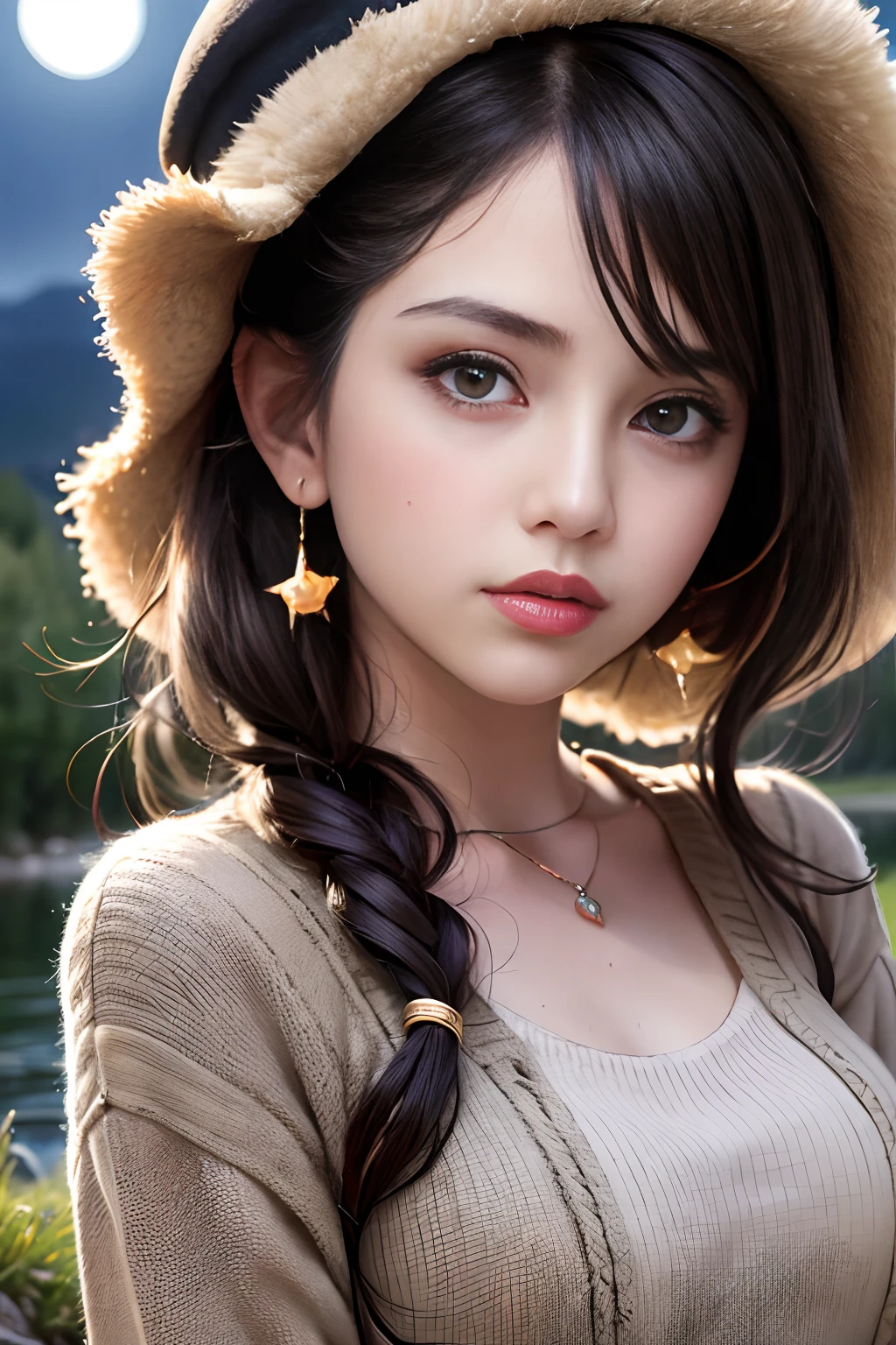 1girl, Selena Gomez, masterpiece, best quality, ultra-detailed, solo, outdoors, (night), mountains, nature, (stars, moon) cheerful, happy, mountain boots, gloves, mini sweater top, bare belly, hat, flashlight, forest, rocks, river, wood, smoke, shadows, contrast, clear sky, analog style, (look at viewer:1.2), (skin texture), close up, cinematic light, sidelighting, ultra high res, best shadow, RAW, upper body, wearing pullover top