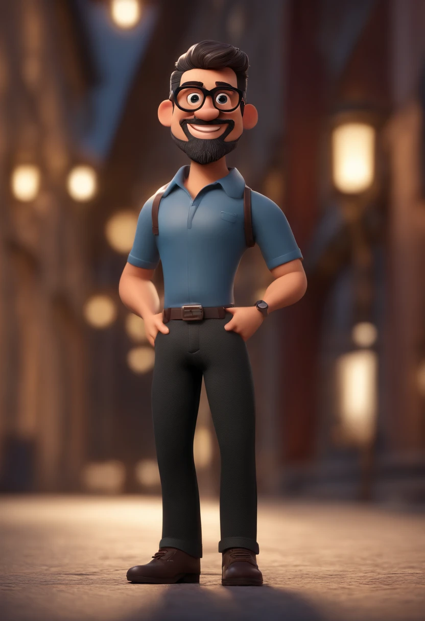 Cartoon character of a man with black glasses and a black polo shirt, cabelo liso, With beard and old school tattoo on his arm, animation character, Caractere estilizado, animation style rendering, 3D estilizado, Arnold Maya render, 3 d render stylized, toon render keyshot, Personagem 3D, Personagem 3D, 3d rendering stylized, 3 d character render, personagem de desenho animado, Personagem de close up, Pose de personagem, (Estilo Pixar) (master part:1.2) (Bokeh) (best quality) (pele detalhada) (textura detalhada) (8k) (argila) (Cinematic lighting) (foco nítido