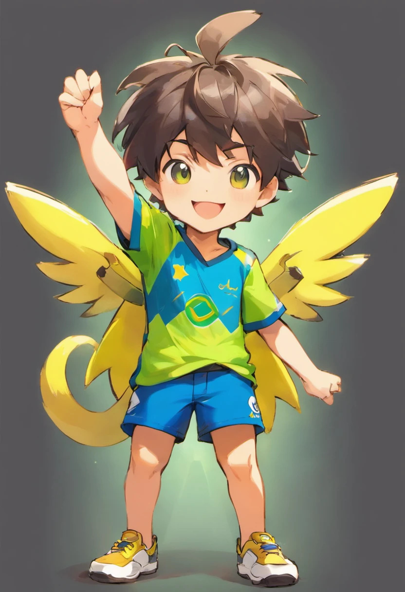 de 7 anos, feliz e loiro, com a camiseta do Brasil