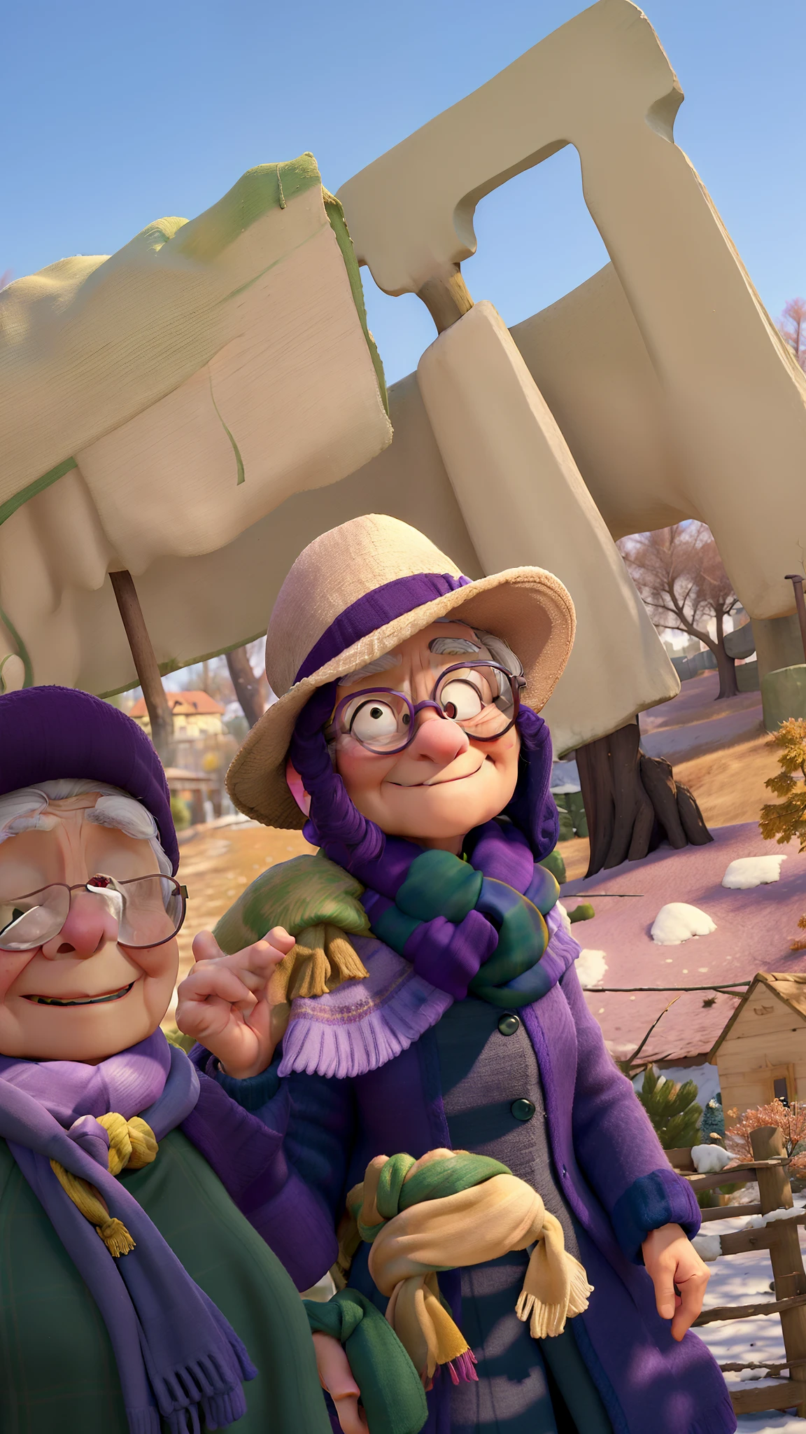 (best quality, masterpiece:1.2),elderly woman wearing glasses and scarf, standing in the park, wearing a purple coat and green scarf