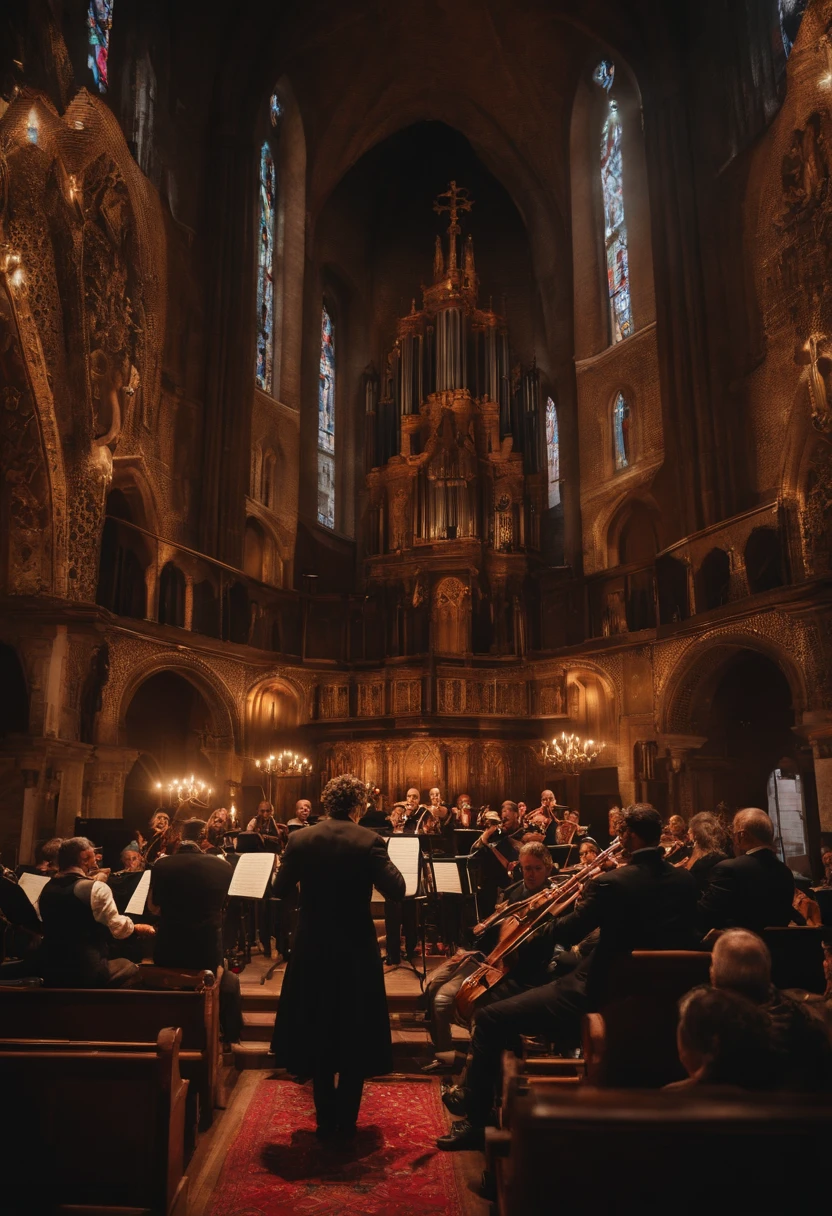 Um homem negro careca regendo uma orquestra em uma igreja