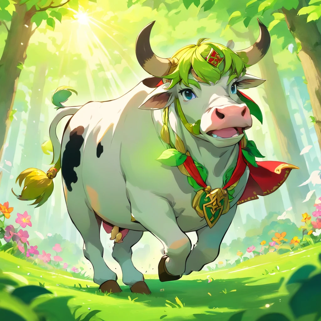 The cow and the green big demon youkai are engaged in a fierce battle