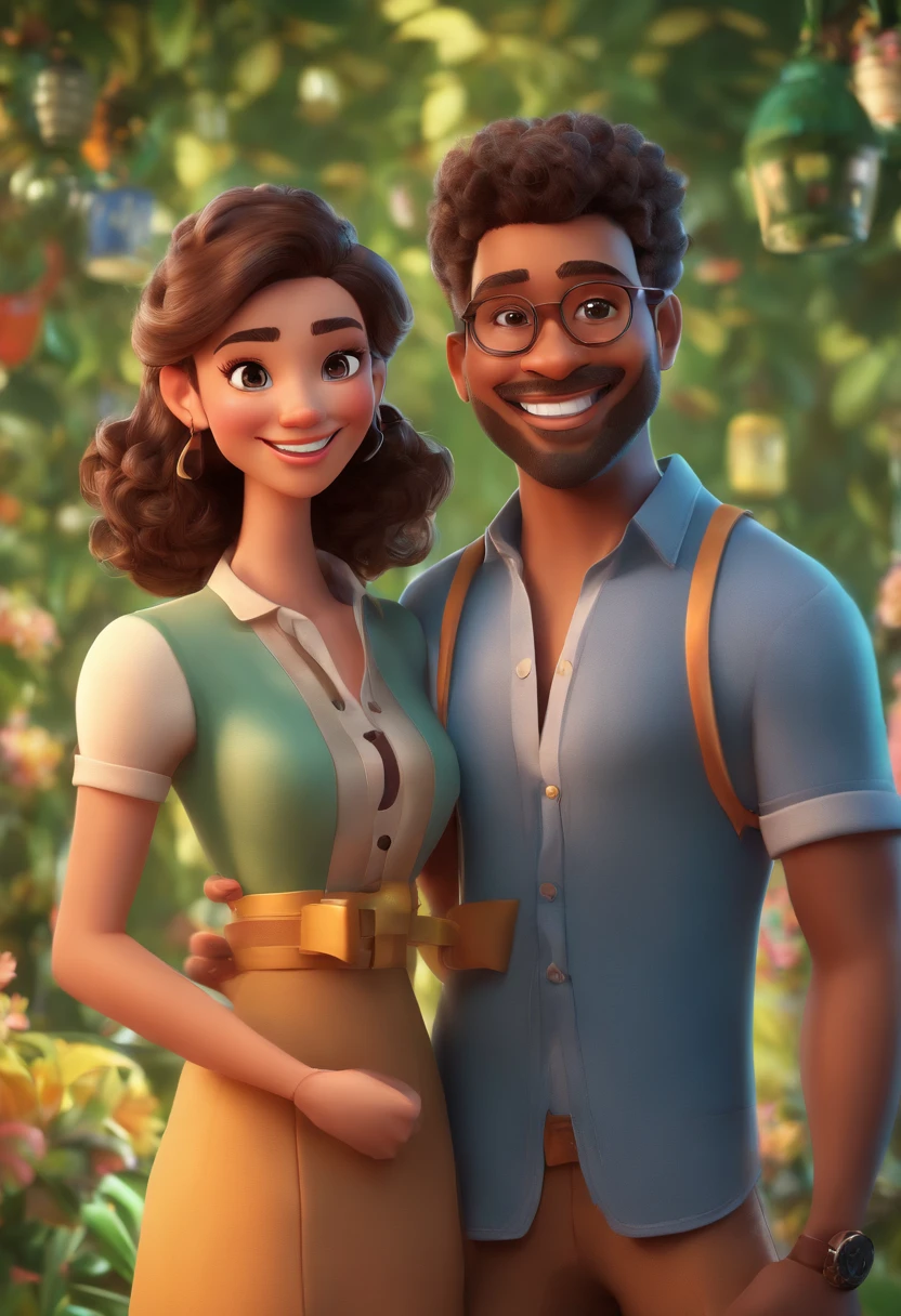 An illustration of an adorable couple, Highlight for a brown man with a smiling bespectacled beard and a brown woman with beautiful expressive green eyes - the man's skin is brown and the man's hair haswhile the woman's skin is brown and the woman's hair is curly and brown. They are a bright room, cada um com um sorriso no rosto, e compartilhar um momento especial caracterizado pelo amor, Insights. Illustrate this scene from a perspective where they are facing the camera, Smiling and Showing Your Connection. Desenvolva esta arte em Full HD, Focus on your cinematic touch, Estilo Disney Pixar Animations