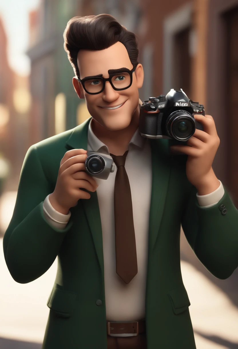 Personagem de desenho animado de um homem, barba curta, cabelo raspado, olhos verdes, Wearing black glasses and a black shirt, holding a Nikon camera, um personagem animado, Caractere estilizado, animation style rendering, 3D estilizado, Arnold Maya render, 3 d render stylized, toon render keyshot, Personagem 3D, Personagem 3D, 3d rendering stylized, 3 d character render, personagem de desenho animado, Personagem de close up, Pose de personagem, (Estilo Pixar) (master part:1.2) (Bokeh) (best quality) (pele detalhada) (textura detalhada) (8k) (argila) (Cinematic lighting) (foco nítido，Senta e vaza a parte superior do corpo Estilo Pixar