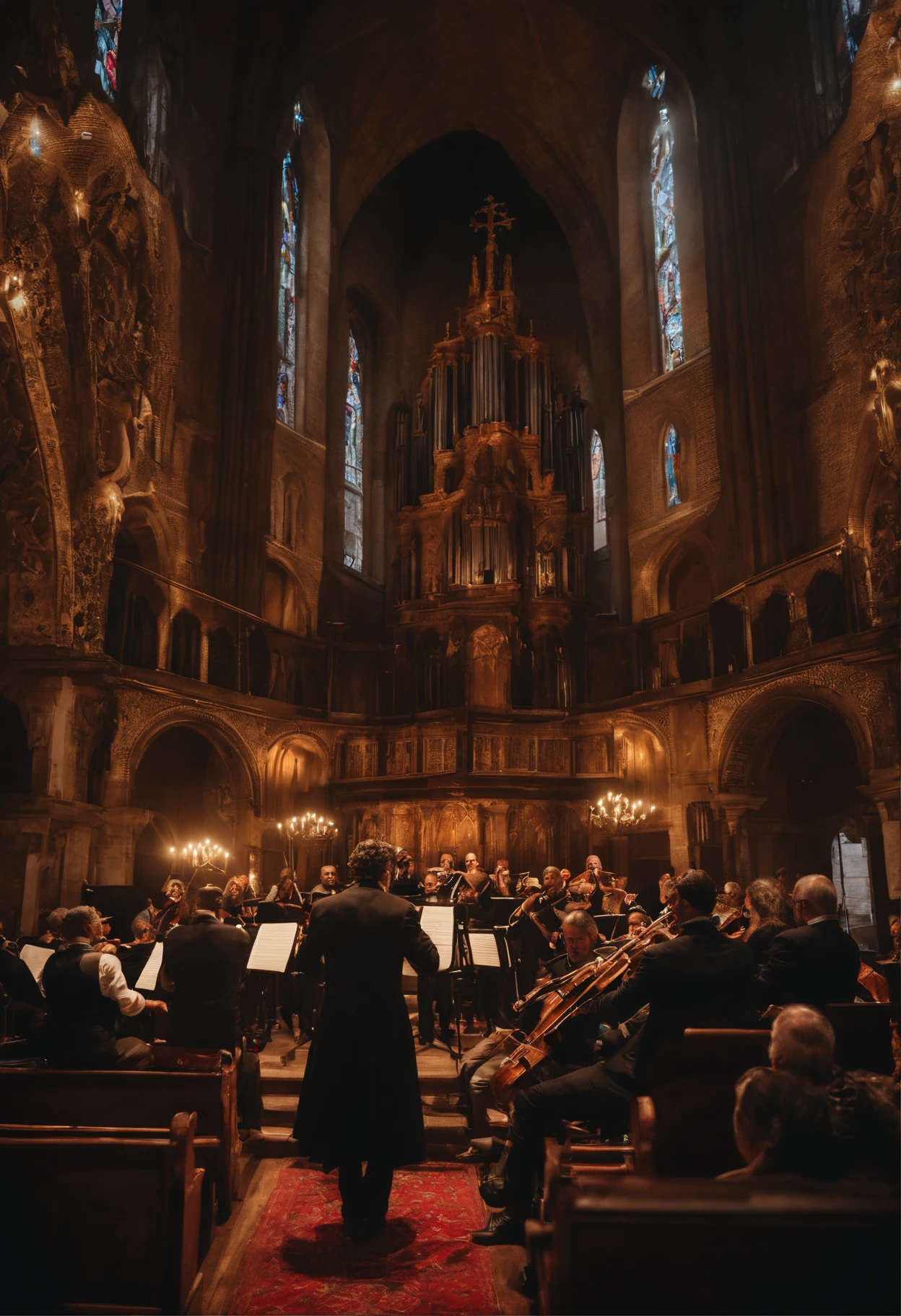Um homem negro careca regendo uma orquestra em uma igreja