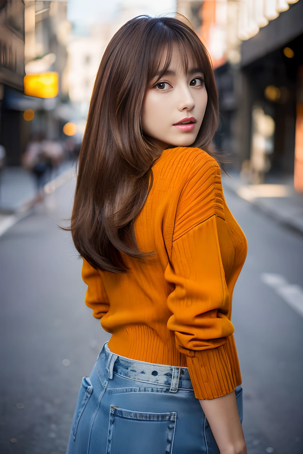 ((top-quality、in 8K、masterpiece:1.3))、foco nítido:1.2、Beautiful woman perfect body:1.4、Slim abs:1.2、((Bob Heyer、straight haired:1.2))、(Dark Orange Knitwear、denim:1.1)、(Sateen、a street:1.2)、wetbody:1.5、Three-dimensional texture、A detailed eye、Brown hair、Very shiny hair、posterior view、Hair quality improvement、Korean style hair