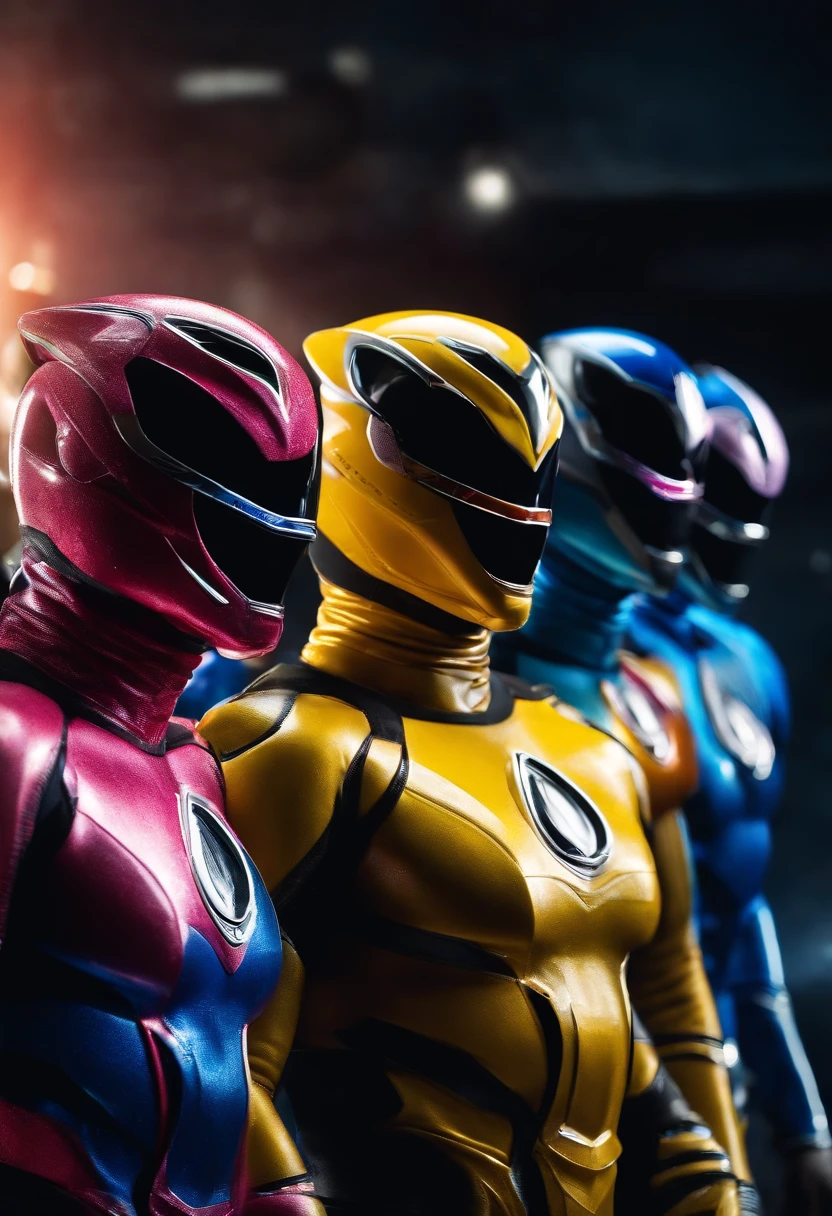 Create an epic image, 4k, 8k, com quatro Power Rangers (Vermelho, azul, rosa e amarela) In a fantastic universe.