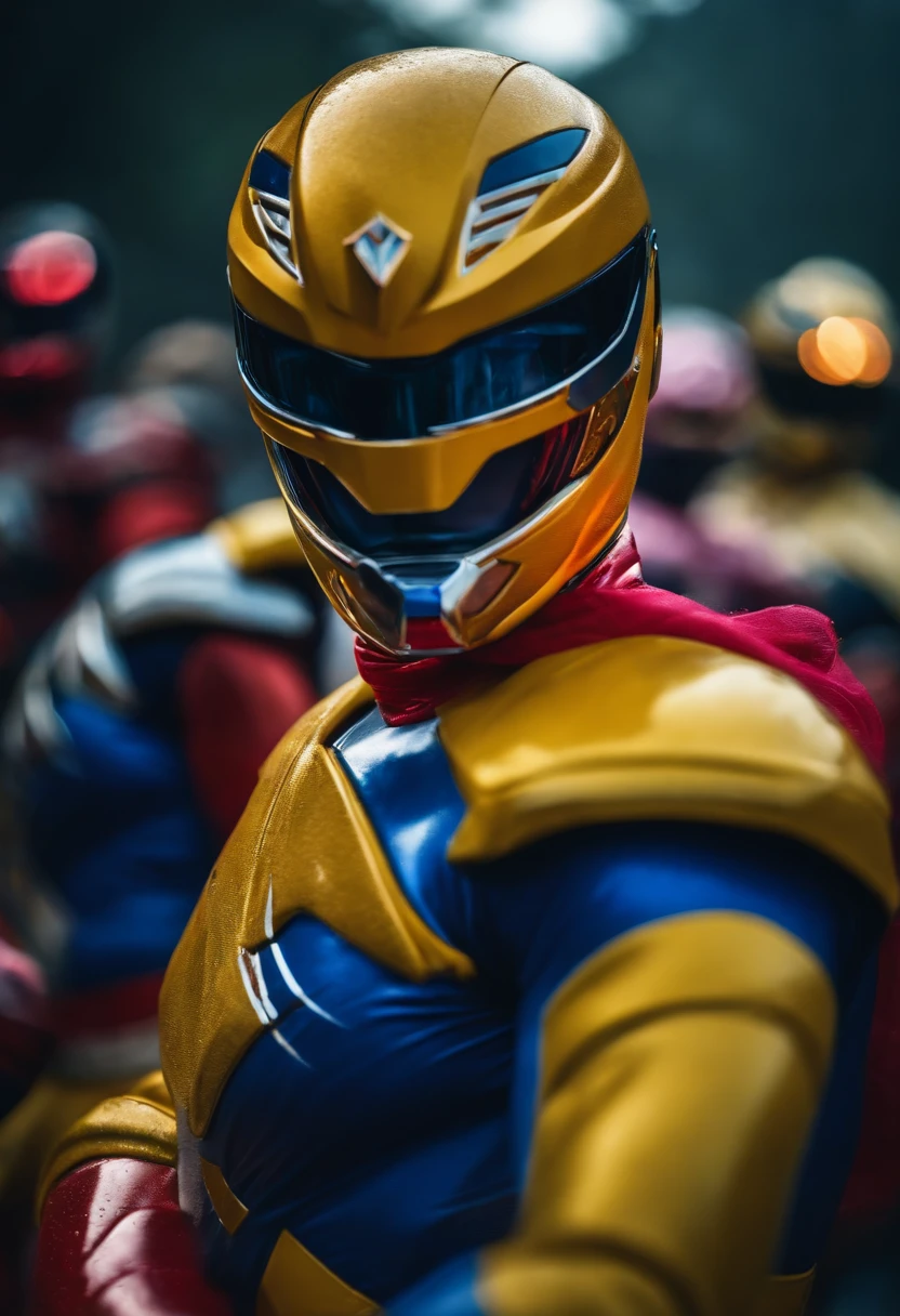 Create an epic image, 4k, 8k, com quatro Power Rangers (Vermelho, azul, rosa e amarela) In a fantastic universe.