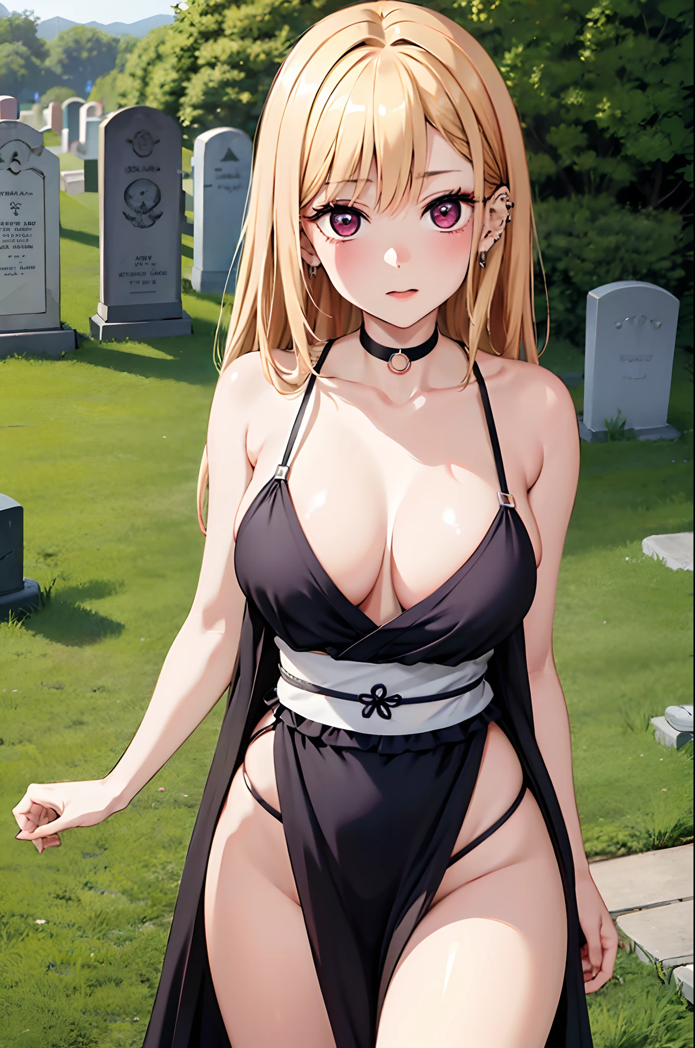 hight resolution, absurdres, best_Quality, Ultra_Detailled, 8K, extremely_clear, photo, beautiful, Beautiful face, Scharp Focus, HDR, 1girl, Clean eyes, very wide-eyed,old japanese graveyard in background with much moss, hanabi, Beautiful face, very red areola, standing , very seductive pose, very young, no bra, bare chest, No Top, NSFW, Blond long hair with red ends, pierced ears, marin kitagawa