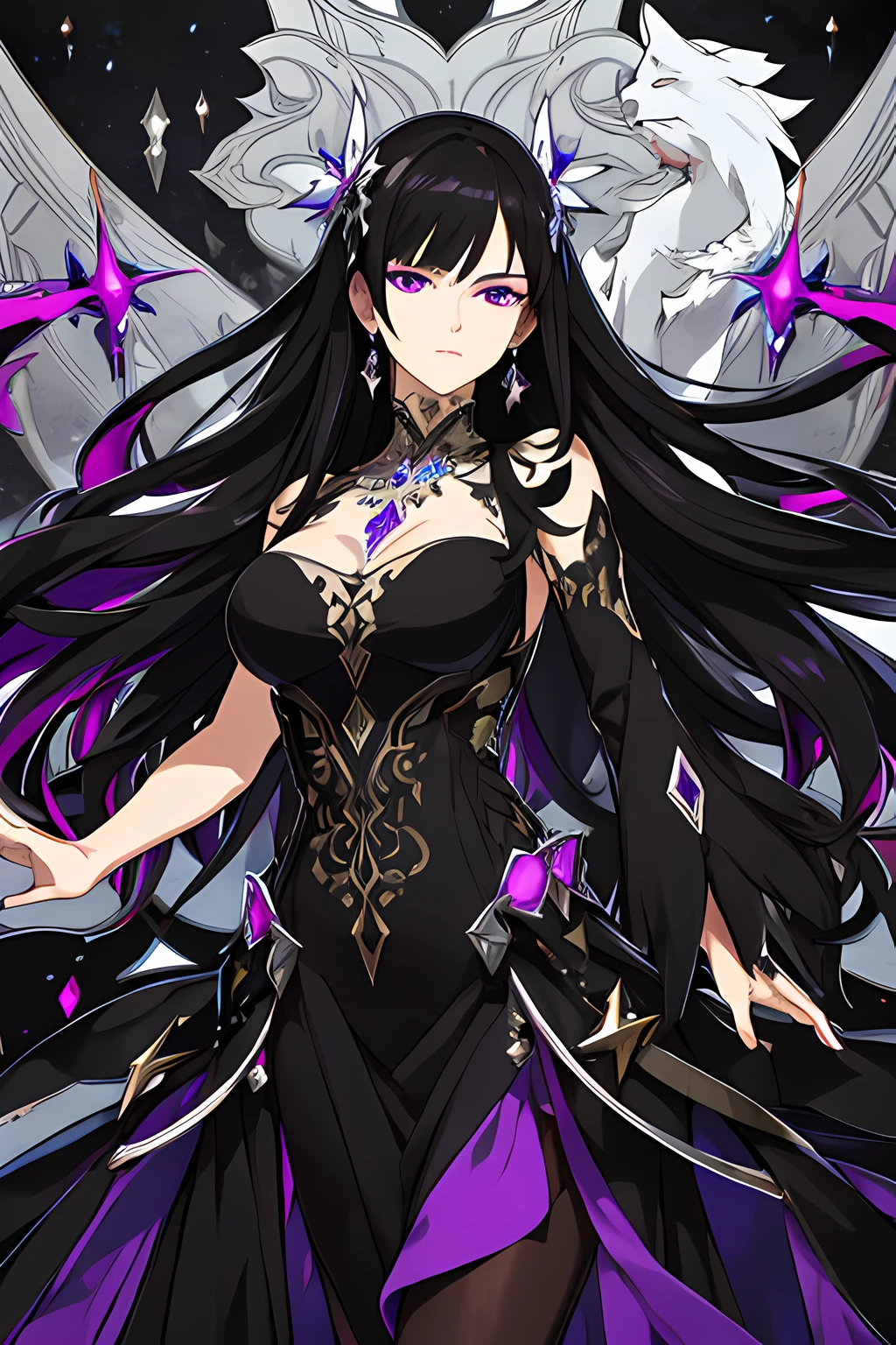 high resolution, vibrant colour, best quality, ultra detailed, 1woman, mature female, long hair, black hair, purple eyes, finely detailed eyes and detailed face, intricate details, balck dress, fitting dress, bodycon dress, silver jewelry, looking at viewer, solo, upper body, detailed background, detailed face, dynamic pose, glowing magical shards, magical floating particles, ethereal atmosphere