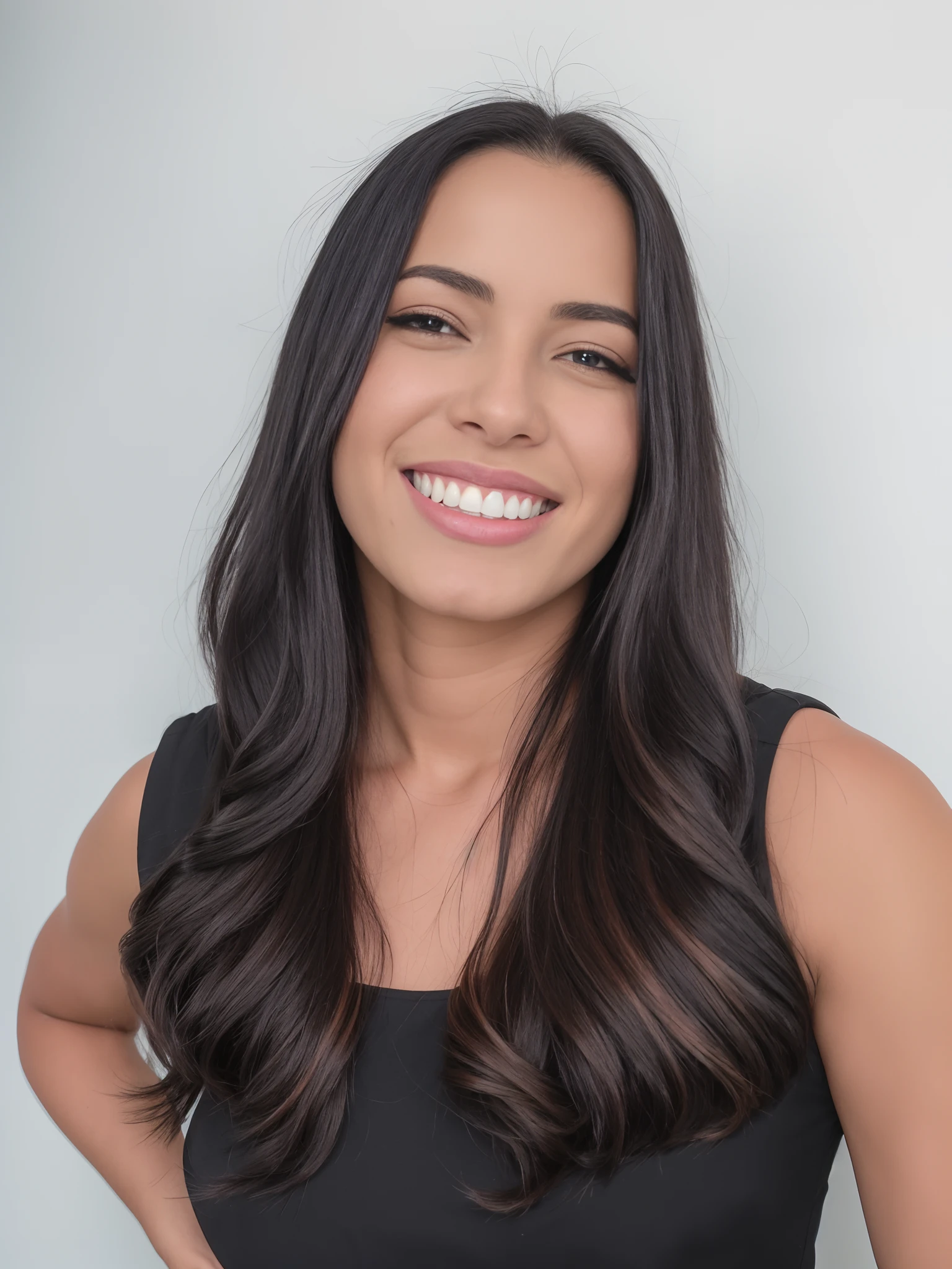 mulher sorridente com longos cabelos escuros e top preto posando para uma foto, foto de perfil headshot, Alanis Guillen, foto de perfil profissional, ondulado longo - comprimento cabelo preto, Malika Favre, mulher nova com cabelo escuro longo, female with long black hair, imagem de perfil, Directed by: Nandor Soldier, imagem frontal, imagem profissional, imagem do avatar