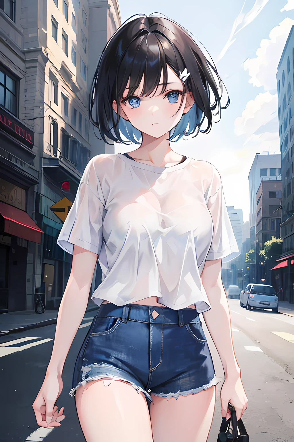 1girl, short black hair, blue eyes, wearing plain white shirt, denim shorts, city, absurdres, high res, ultrasharp, 4K, masterpiece, looking at viewer