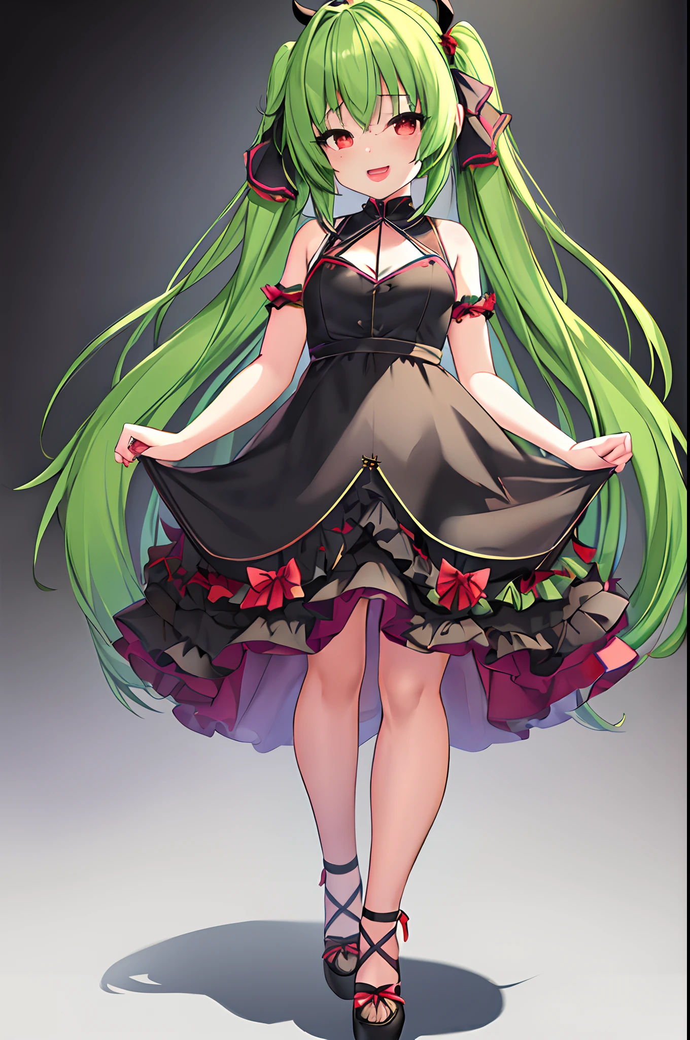Full body, Upright, Arms at sides, Looking at Viewer, Simple background, 1girl in, Open mouth, Smile, Virtual Youtuber,Green hair,two tone hair、Pig ears、Goth Loli Fashion,Red Eyes,Colorful hair、hairaccessories、Pig Nose Accessories