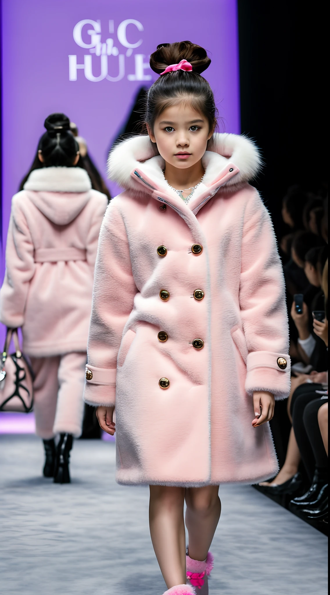 （Photo of a *********** in a pink coat holding a little husky dog on the runway）, （full bodyesbian：1.37） ， （Wearing a pink coat），, fur attire, fluffly，Wearing a pink dress，（Husky dogs wear the same pink coat），gucci catwalk, catwalks, walking down the catwalk, highly fashionable,!!! Husky puppy! 2 0 2 0 fashion, gucci clothes, catwalk photo, Furry style