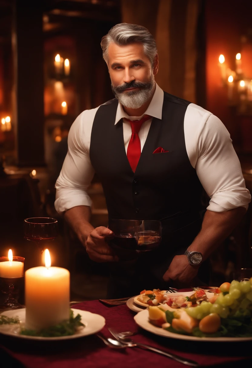(best quality,Disney Pixar-style poster,white sexy man,50 years old,graying hair,black beard,muscular,candlelit restaurant background),charming eyes,charismatic smile,stylish suit,romantic atmosphere,vibrant colors,dimmed lighting,sparkling candles,soft music,exquisite cuisine,red wine,floral arrangements,artistic strokes,striking composition.