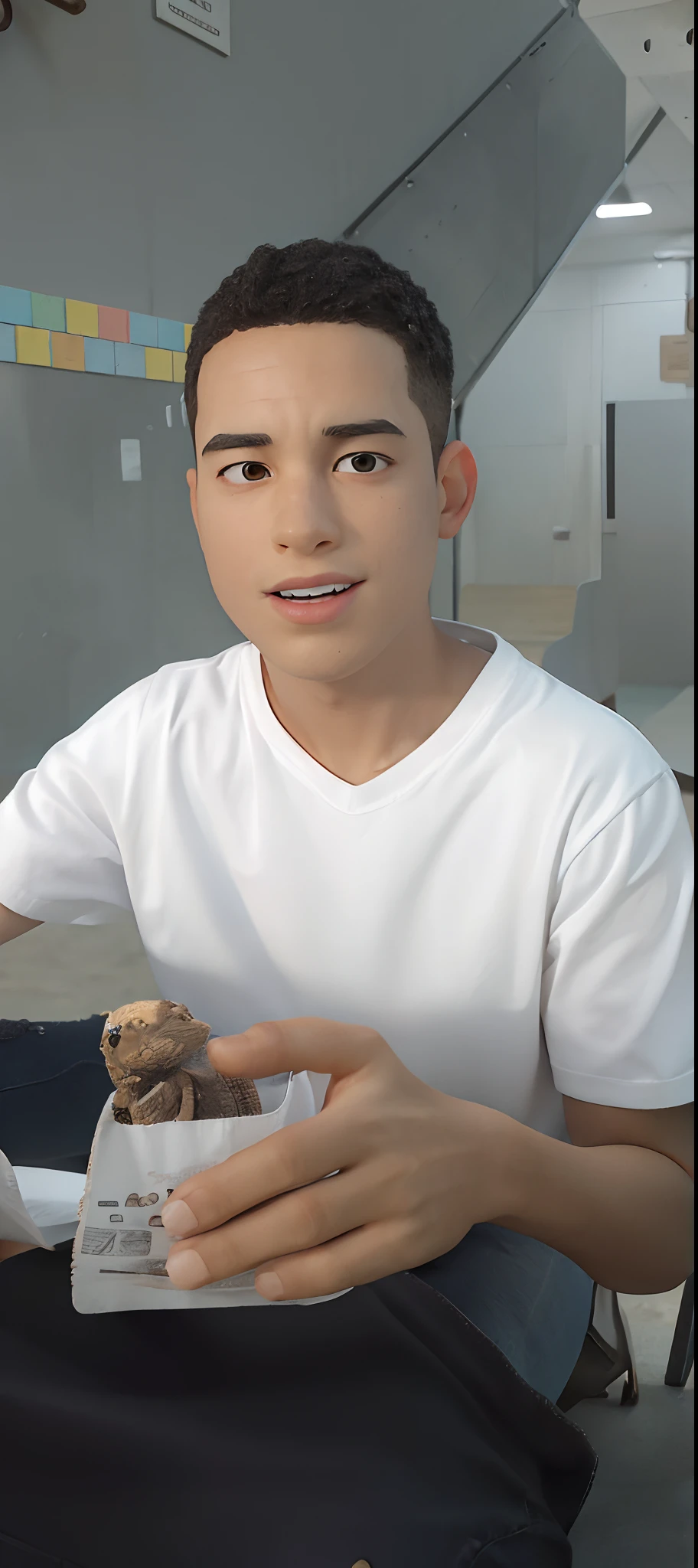 A imagem mostra um menino sentado em um banco de madeira, which is located near a fence. The boy is wearing a black shirt and appears to be looking at the camera. The bench is positioned in the middle of the scene, com a cerca estendendo-se para os lados esquerdo e direito da imagem. The boy's posture and the presence of the bench suggest that this could be a park or a similar outdoor environment.Gere essa imagem no estilo de anima