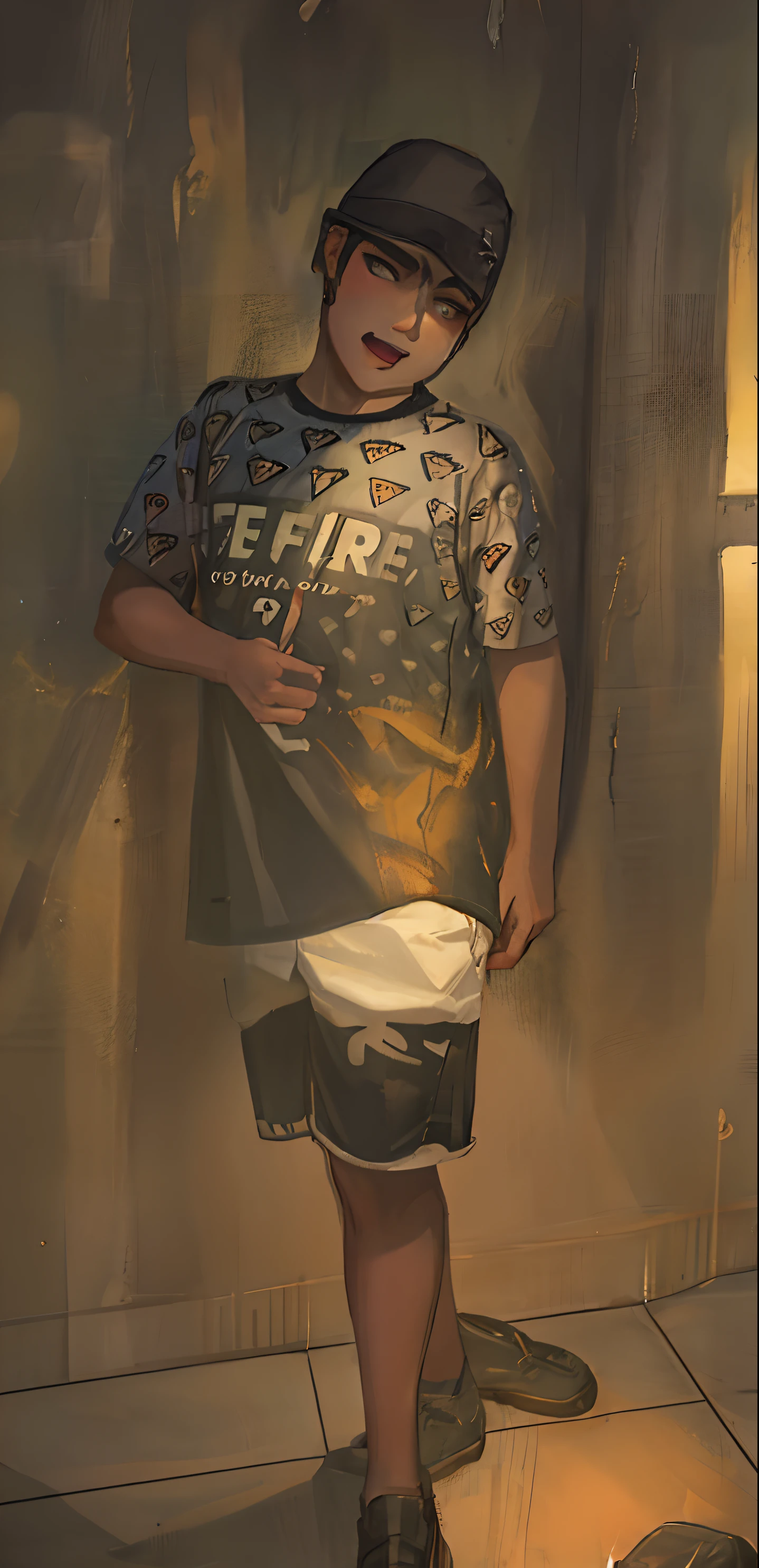 Arafed boy standing against a wall with thumb up, 4 anos de idade, (fire), imagem de corpo inteiro, com uma pose cool, 5 anos, vestindo camiseta e combates, Frente, fogo reak vida real, quatro anos, polegar para cima, roupas frescas, inspirado em Joze Ciuha, imagem antiga, por Fede Galicia