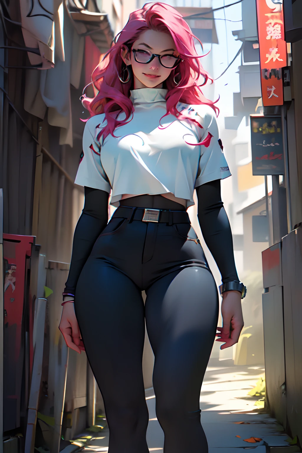 ((Simon Bisley)), Beautiful full-bodied woman, 30 years old, muscular and perfect body, Masterpiece, best quality, high-res, extremely detailed, ((Best quality)), ((masterpiece)), ((realistic)), ((beautiful female model)), (arrogant:1.4), (badass:1.4) - In the crisp autumn air, the arrogant female model dons a badass modern costume, showcasing her muscular body and perfect muscular long legs. Her intense gaze, now icy blue, reveals a hint of rebellion. With a thin waist and huge hips, her silhouette stands out against the backdrop of a random city street, adorned with colorful fallen leaves. on eye level, scenic, masterpiece, Thick body,((Sexual suggestiveness)),Seductive smile,high-heels, (naughty smile:1.1), wide hips, thin waist, , sex slave