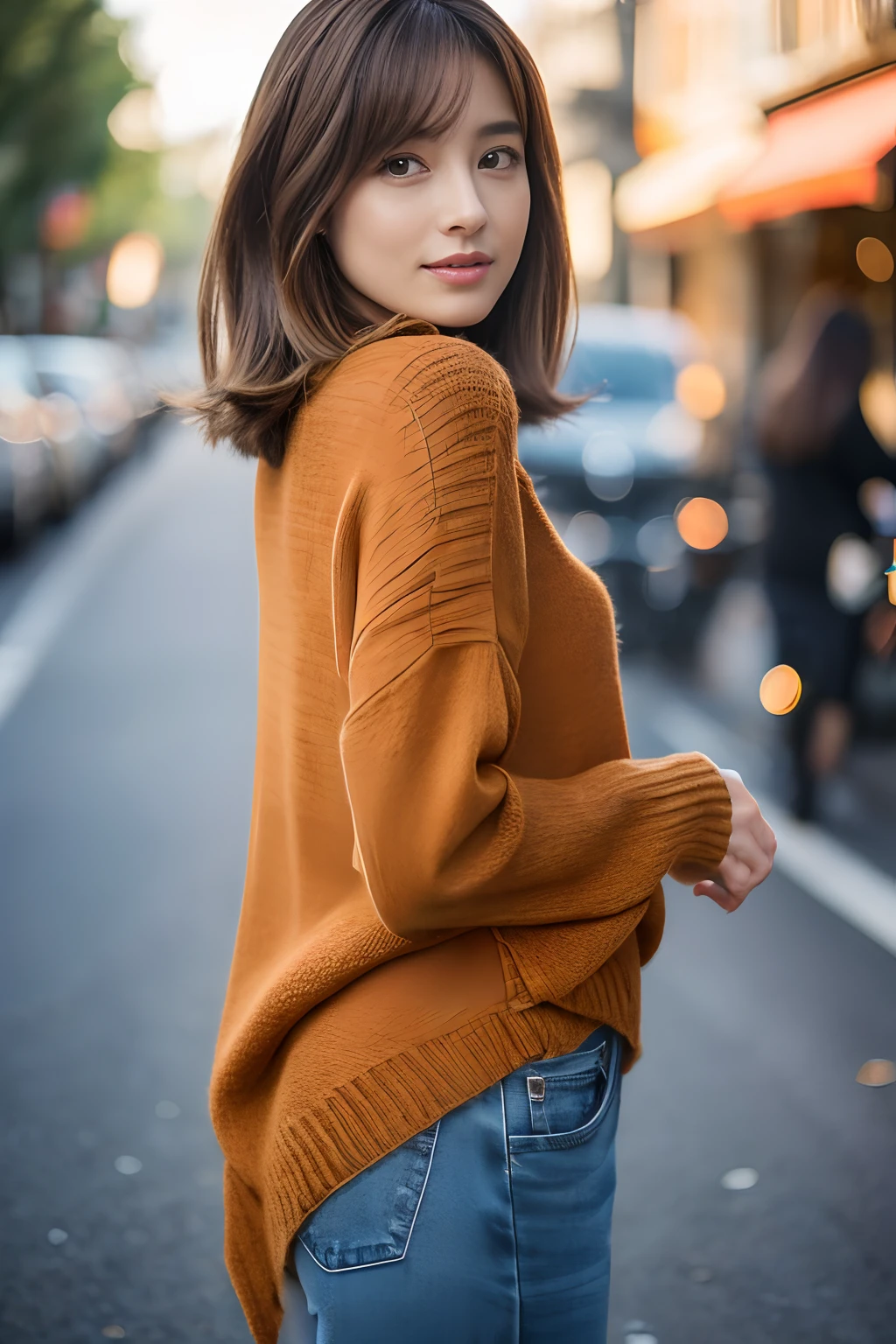 ((top-quality、in 8K、masterpiece:1.3))、foco nítido:1.2、Beautiful woman perfect body:1.4、Slim abs:1.2、((Bob Heyer、straight haired:1.2))、(Dark Orange Knitwear、denim:1.1)、(Sateen、a street:1.2)、wetbody:1.5、Three-dimensional texture、A detailed eye、Brown hair、Very shiny hair、posterior view、Hair quality improvement、Korean style hair