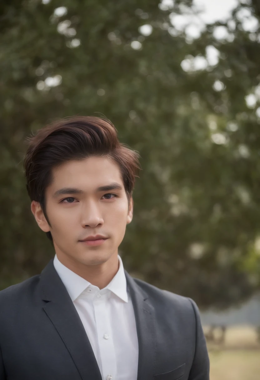 A portrait of a 20-year-old Japanese male in a smart business style for autumn/winter. Dressed in a charcoal grey tailored suit from Armani, white dress shirt, black silk tie, and black leather brogues. The look is elegant and refined.　A  smart business hairstyle for autumn/winter. A neat, combed-back look with a strong hold, giving a mature and confident appearance.