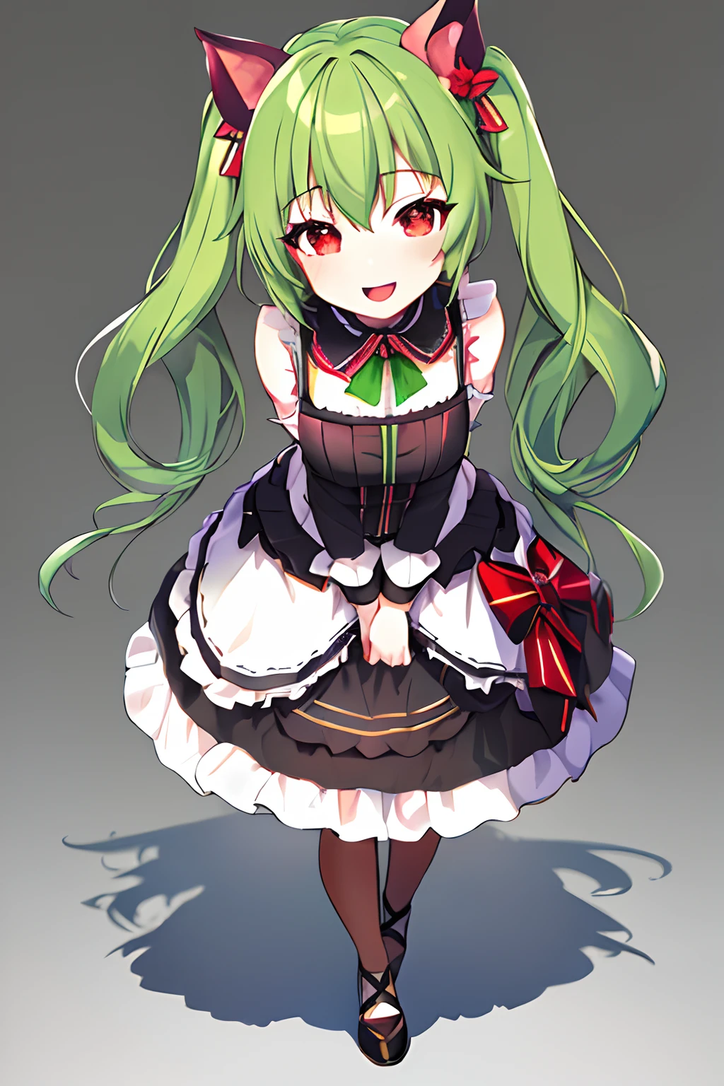 Full body, Upright, Arms at sides, Looking at Viewer, Simple background, 1girl in, Open mouth, Smile, Virtual Youtuber,Green hair,two tone hair、Pig ears、Goth Fashion,Red Eyes,Colorful hair、hairaccessories、