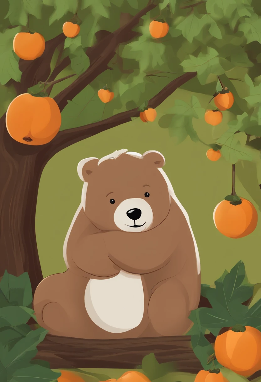 8K,tmasterpiece,high qulity,Cartoon bear,stickfigure,lineworks,illustration,Q version,Under the tree,Sit and eat persimmons