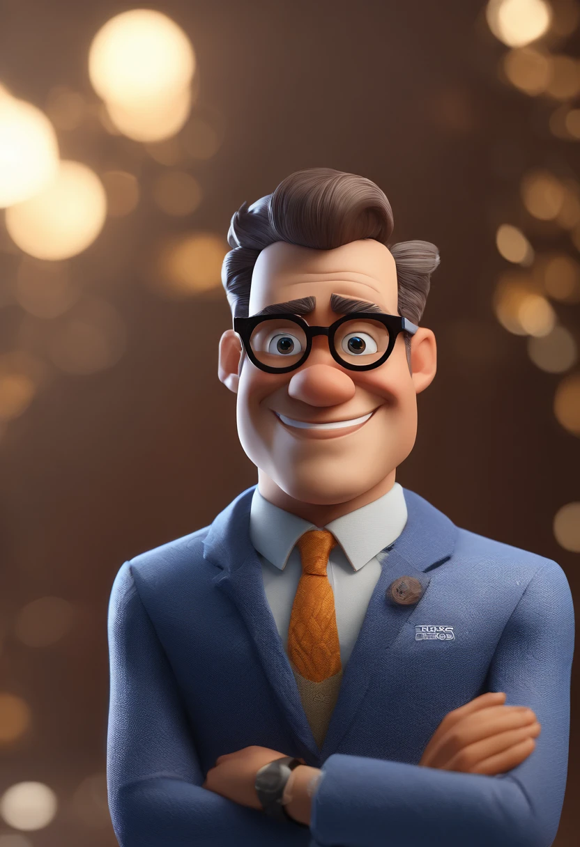 Cartoon character of a man with black glasses and a blue shirt, animation character, Caractere estilizado, animation style rendering, 3D estilizado, Arnold Maya render, 3 d render stylized, toon render keyshot, Personagem 3D, Personagem 3D, 3d rendering stylized, 3 d character render, personagem de desenho animado, Personagem de close up, Pose de personagem, (Estilo Pixar) (master part:1.2) (Bokeh) (best quality) (pele detalhada) (textura detalhada) (8k) (argila) (Cinematic lighting) (foco nítido