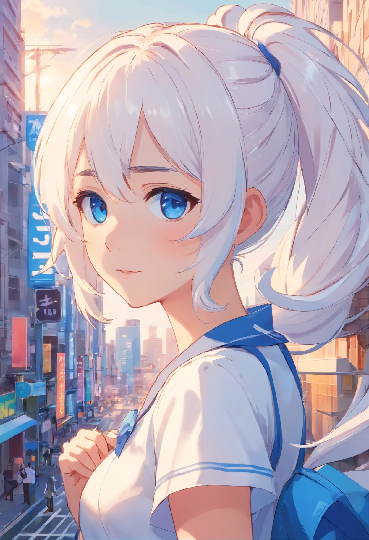 white color hair，double ponytail curls，blue color eyes，White Lolita，Beth，busy cityscape
