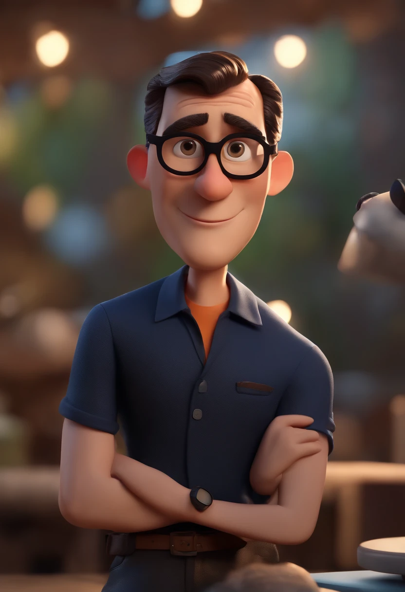 Cartoon character of a man wearing black glasses and a blue shirt, um personagem animado, Caractere estilizado, animation style rendering, 3D estilizado, Arnold Maya render, 3 d render stylized, toon render keyshot, Personagem 3D, Personagem 3D, 3d rendering stylized, 3 d character render, personagem de desenho animado, Personagem de close up, Pose de personagem, (Estilo Pixar) (master part:1.2) (Bokeh) (best quality) (pele detalhada) (textura detalhada) (8k) (argila) (Cinematic lighting) (foco nítido,Senta e vaza a parte superior do corpo