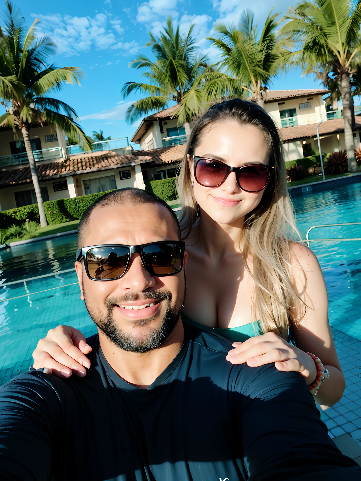 they are sitting on a patio with a towel and a towel, holiday photo, having fun in the sun, profile picture, having a great time, , by Milton Menasco, go pro, 30 year old woman from Cuba, couple, by the pool, 4k post, 4k post, sitting in the pool, anime realistic animation style, 🤬 🤮 💕 🎀 Bodybuilder couple