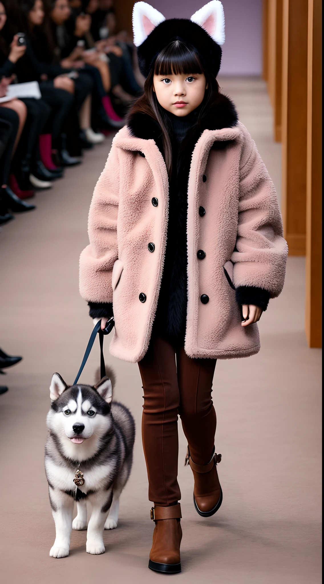 (Photo of a girl in a brown coat holding a husky dog on the catwalk), (full bodyesbian:1.37) , (Wearing a coffee-colored jacket), fur attire, fluffly,Wearing a pink dress,(Huskies wear the same brown-colored coat),gucci catwalk, catwalks, walking down the catwalk, highly fashionable,!!! Husky puppy! 2 0 2 0 fashion, gucci clothes, catwalk photo, Furry style