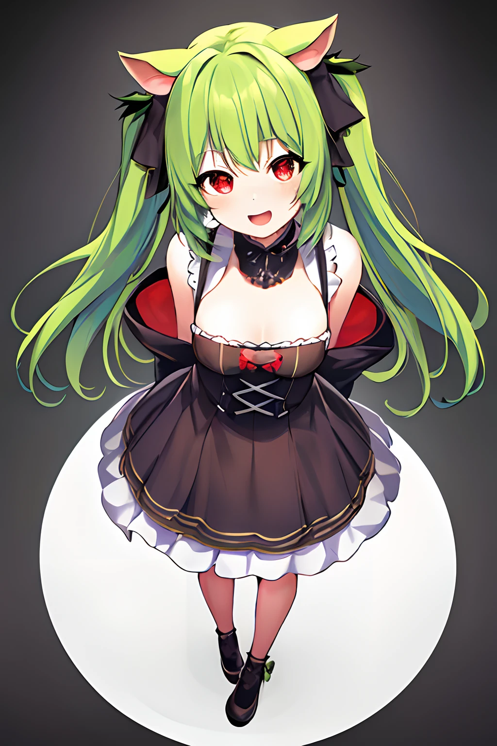 Full body, Upright, Arms at sides, Looking at Viewer, Simple background, 1girl in, Open mouth, Smile, Virtual Youtuber,Green hair,two tone hair、Pig ears、Goth Loli Fashion,red eyes