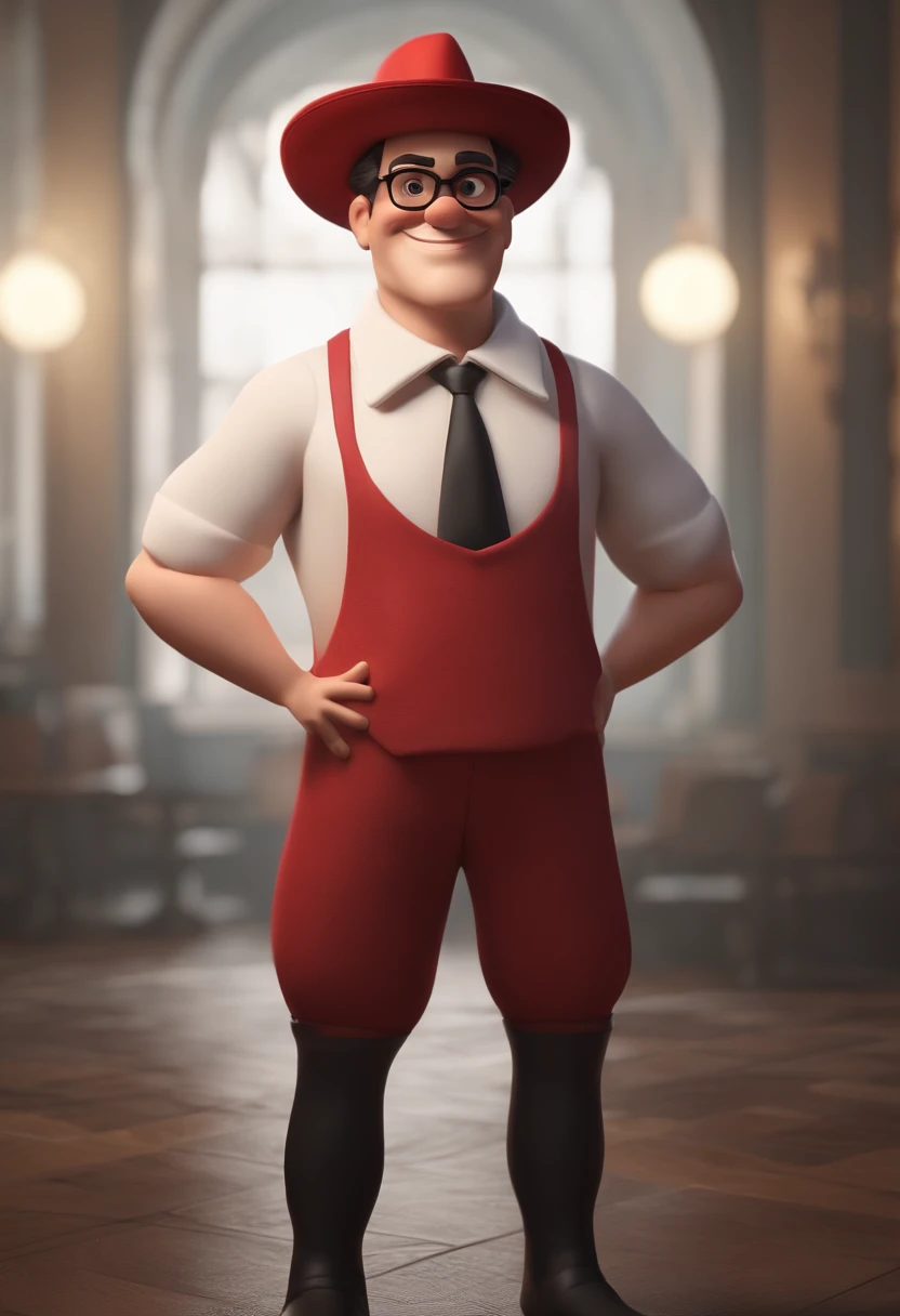 Cartoon character of a man with black glasses and a white shirt and who is wearing red hat, que tenha barba grisalha e cabelo curto grisalho e que aparenta ter 28 anos, wearing a clown nose, animation character, Caractere estilizado, animation style rendering, 3D estilizado, Arnold Maya render, 3 d render stylized, toon render keyshot, Personagem 3D, Personagem 3D, 3d rendering stylized, 3 d character render, personagem de desenho animado, Personagem de close up, Pose de personagem, (Estilo Pixar) (master part:1.2) (Bokeh) (best quality) (pele detalhada) (textura detalhada) (8k) (argila) (Cinematic lighting) (foco nítido