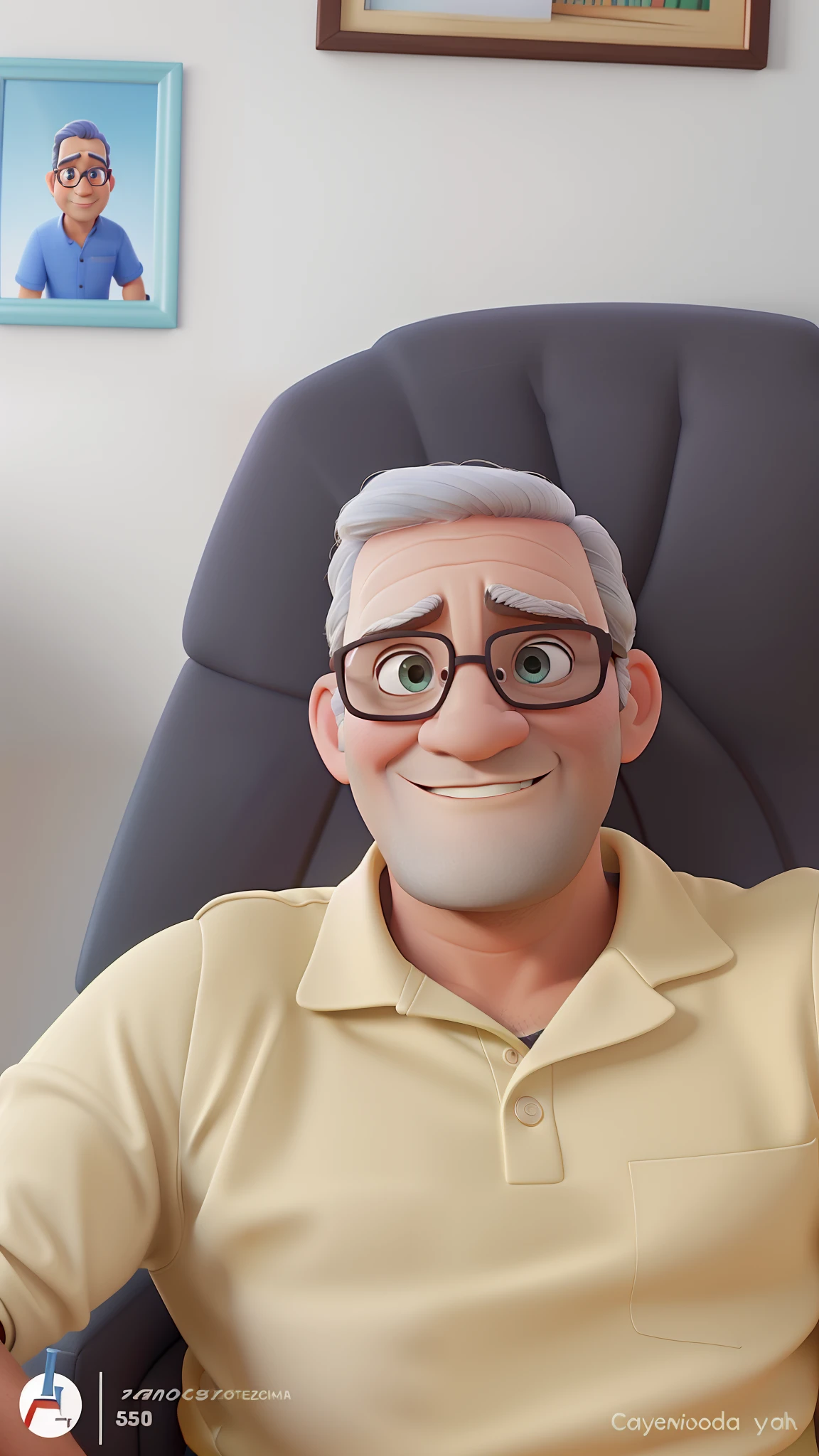 rapaz branco de 40 anos, estilo Disney pixar cabelos grisalhos, of eyeglasses, sentado em uma poltrona do papai