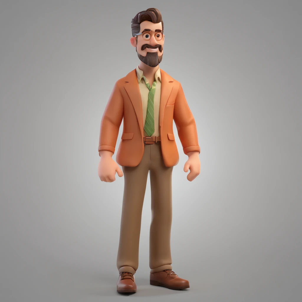 Criar um personagem no estilo Pixar. Trata-se de um homem de 35 anos, com barba, Branco,  gordo,com cabelos castanhos curtos e um quiff, e olhos castanhos. Ele deve estar na frente de um computador, Trabalhar como designer