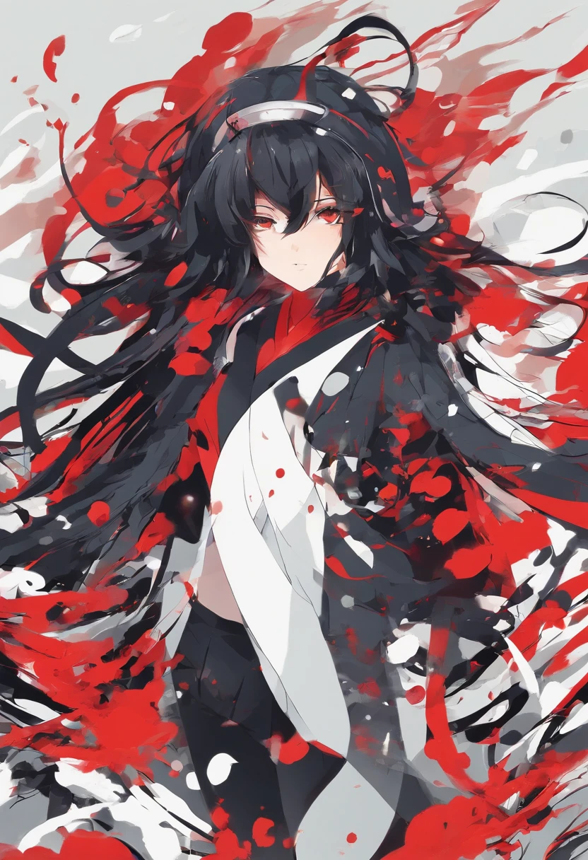 personagem de cabelo longo preto com cor vermelha nas pontos olhos pretos corpo estetico roupa que cobre a boca luvas pretas