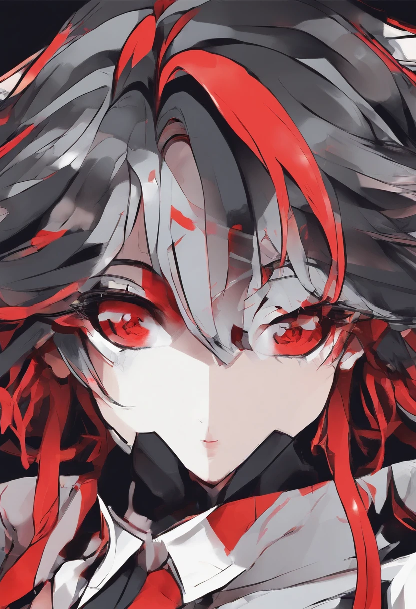 personagem de cabelo longo preto com cor vermelha nas pontos olhos pretos corpo estetico roupa que cobre a boca luvas pretas