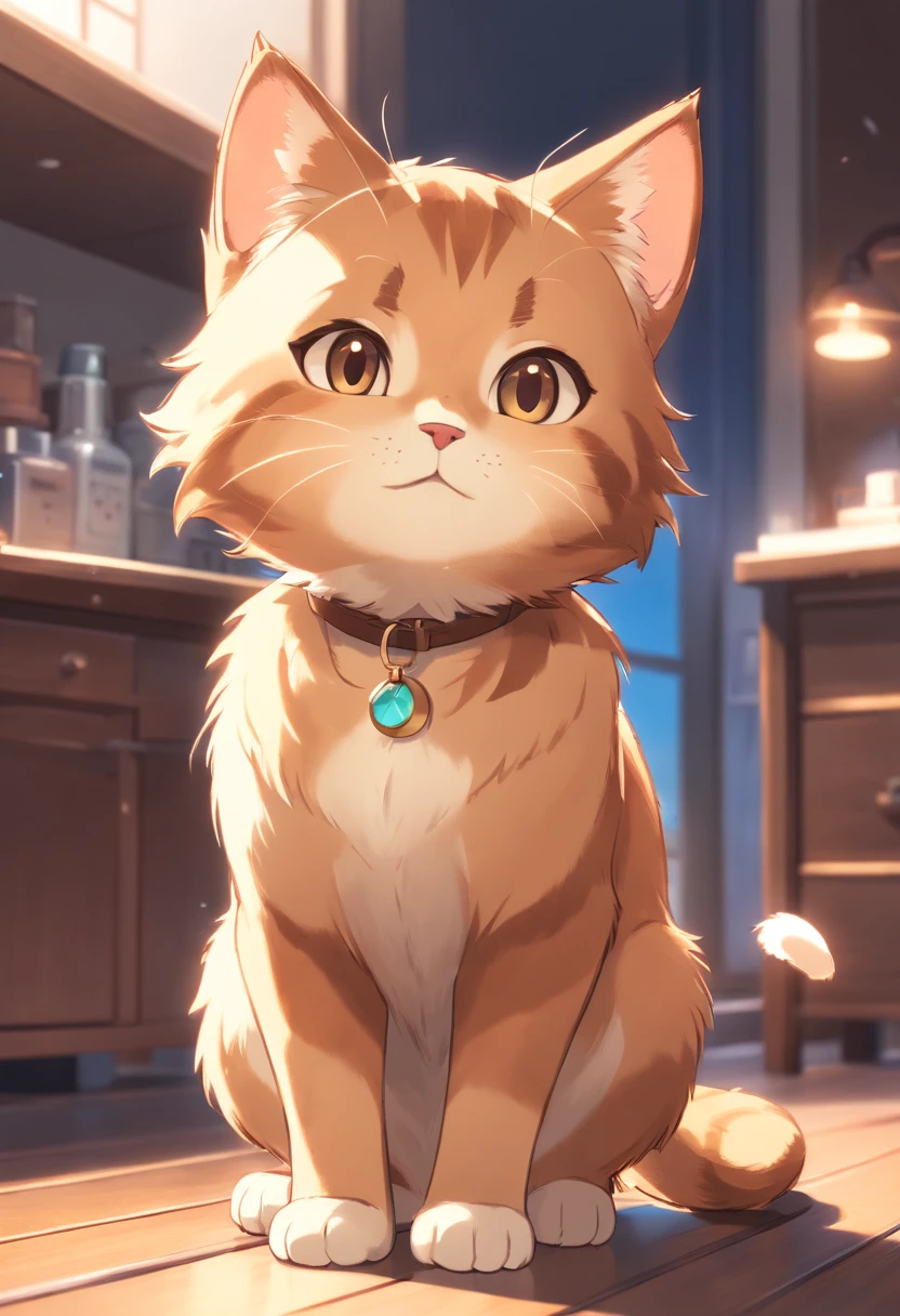 2D chibi character of light brown european cat shaking white chest,Curious look,Tilt the neck at an angle of 45 degrees